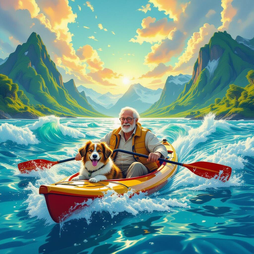 Elderly Man Paddles with Dog in Surreal Landscape