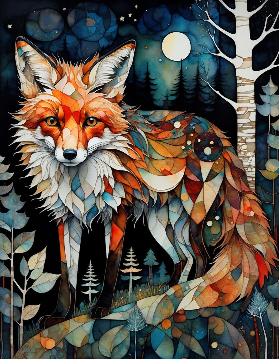 Magical Night Forest Drawing in Art Nouveau Style