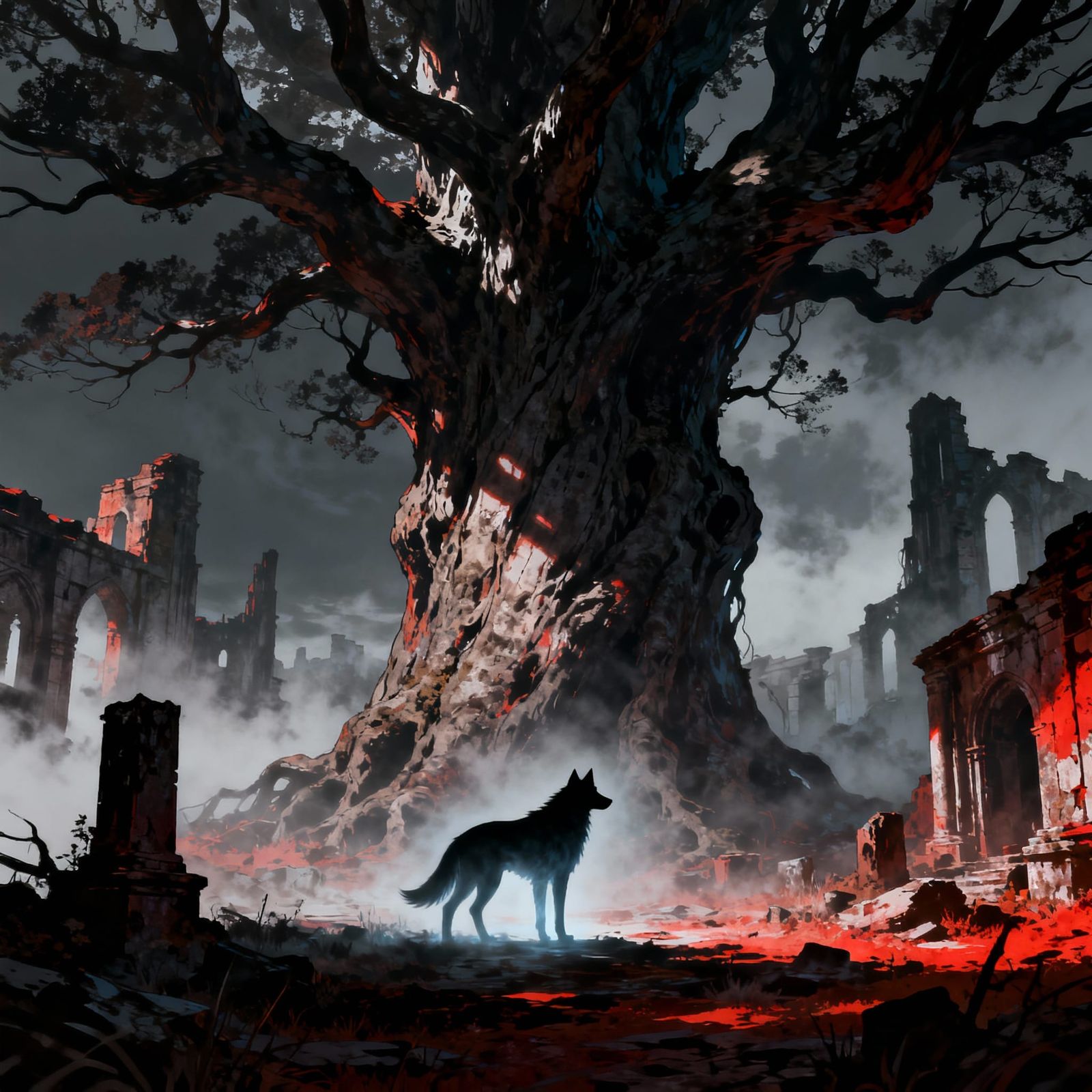 Spectral Wolf Against Ancient Tree in Mist-Shrouded Ruins