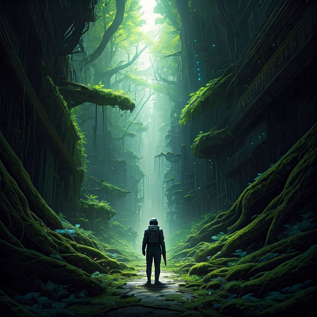 Cyberpunk Soldier in Reclaimed Forest City