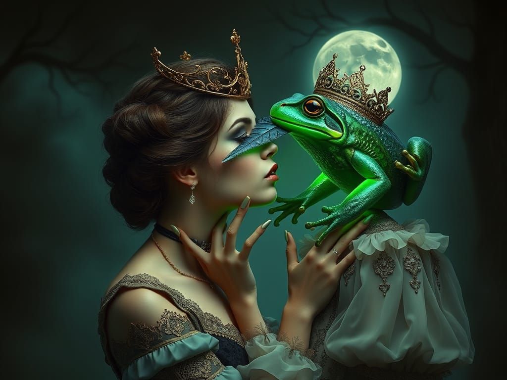 Victorian Woman Kisses Glowing Frog Prince