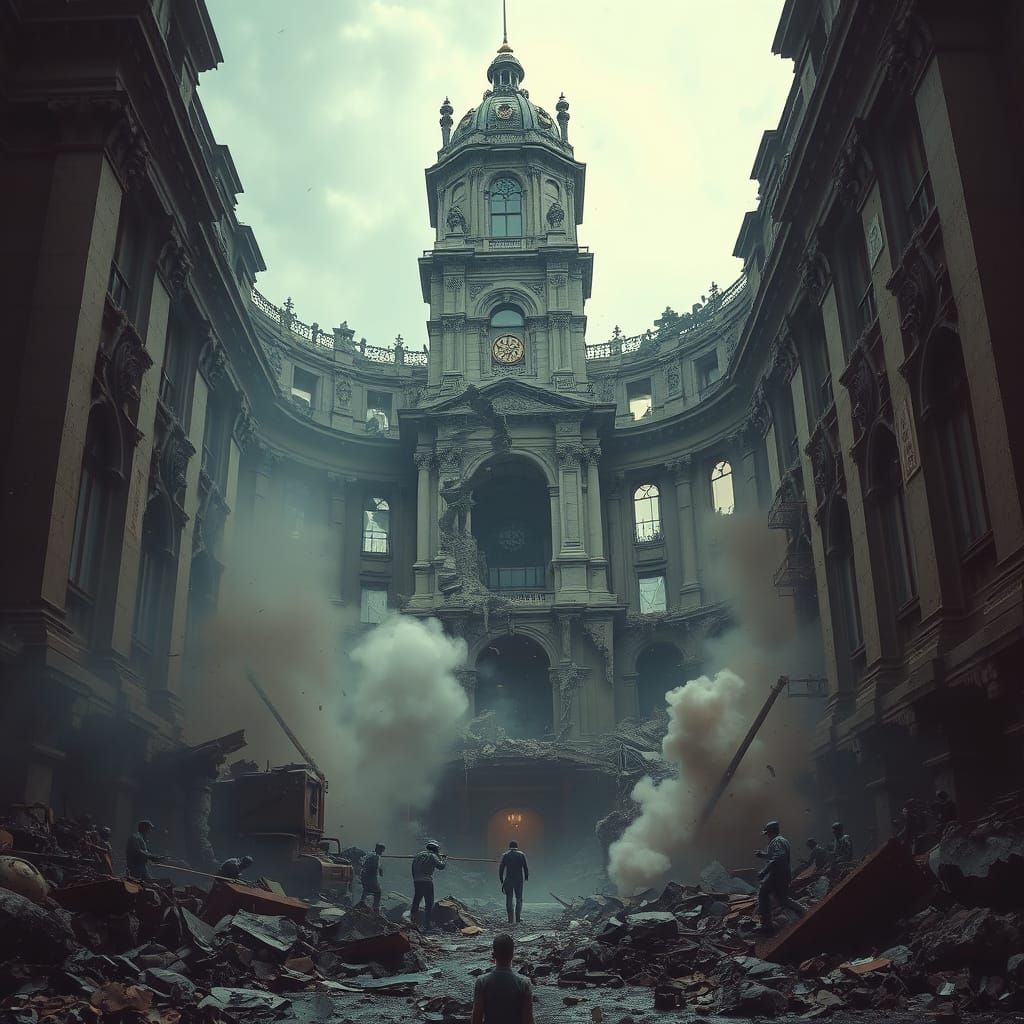 Dystopian Futurist Building in Catastrophic Collapse