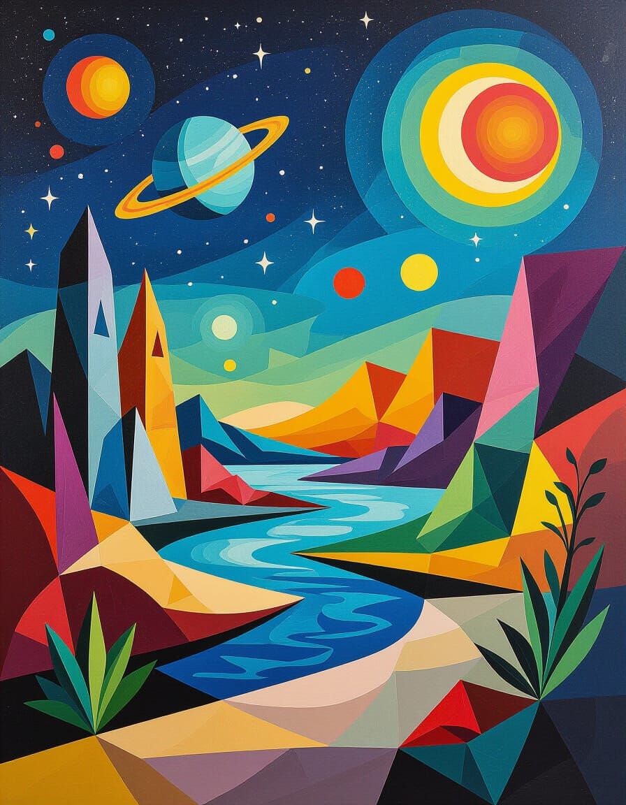 Cosmic Plasticine Space Scene in Cubist Surreal Style