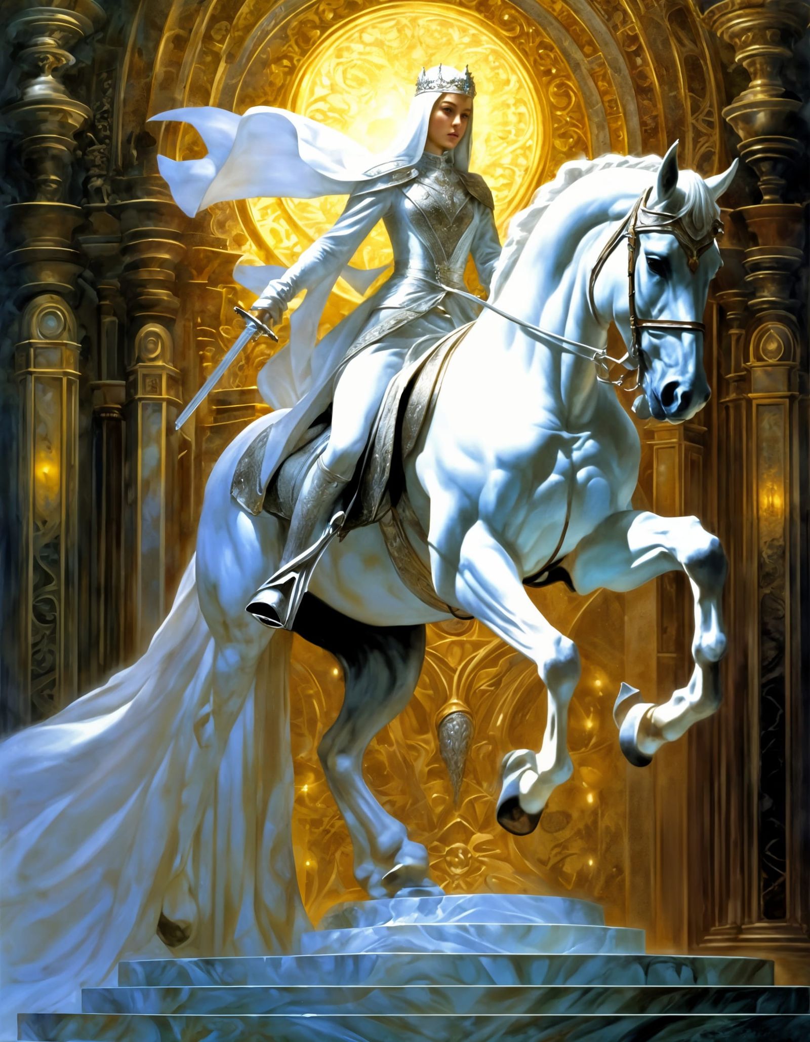 White Queen on Marble Horse in Fantasy Style