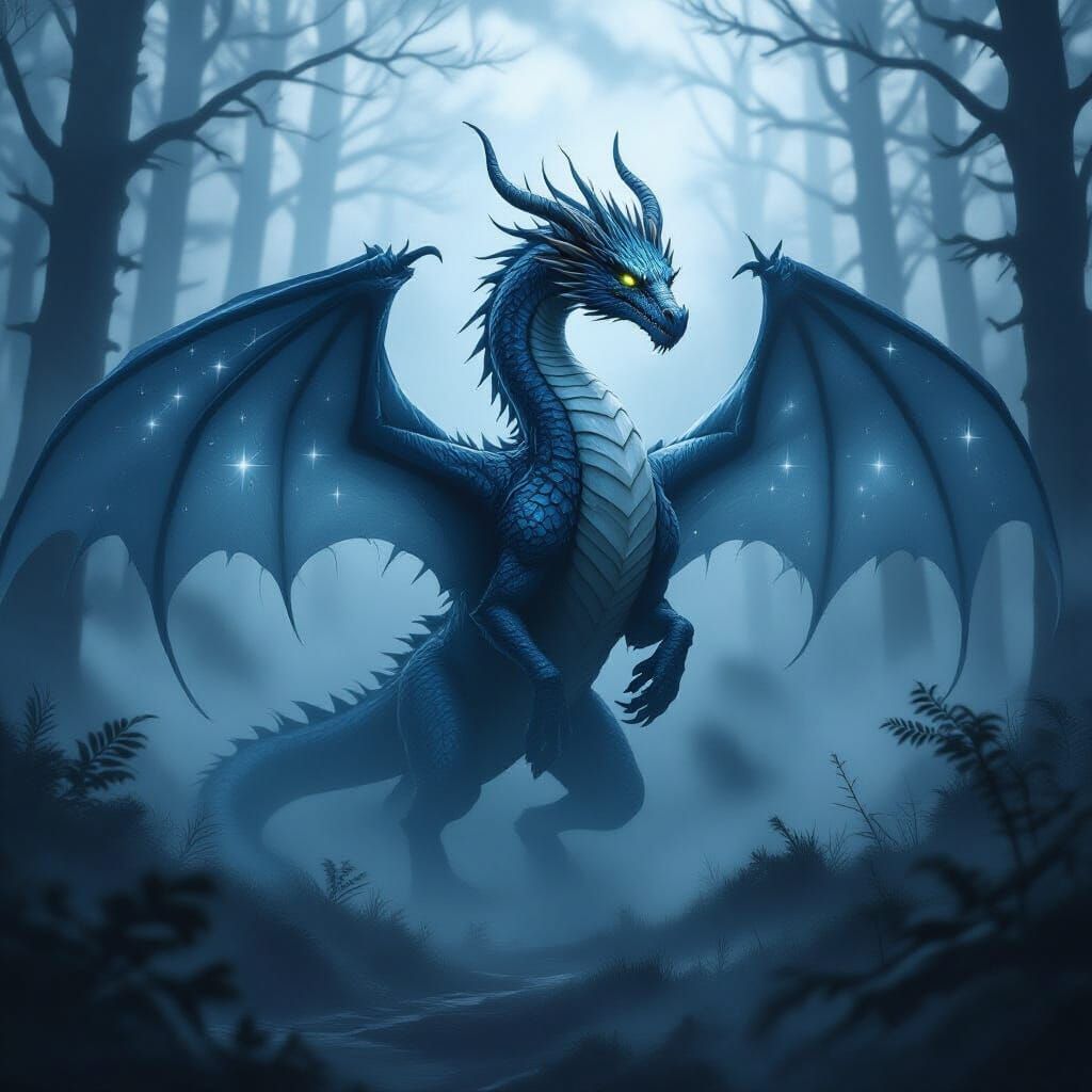 Spectral Mist Dragon Emerges from Foggy Forest
