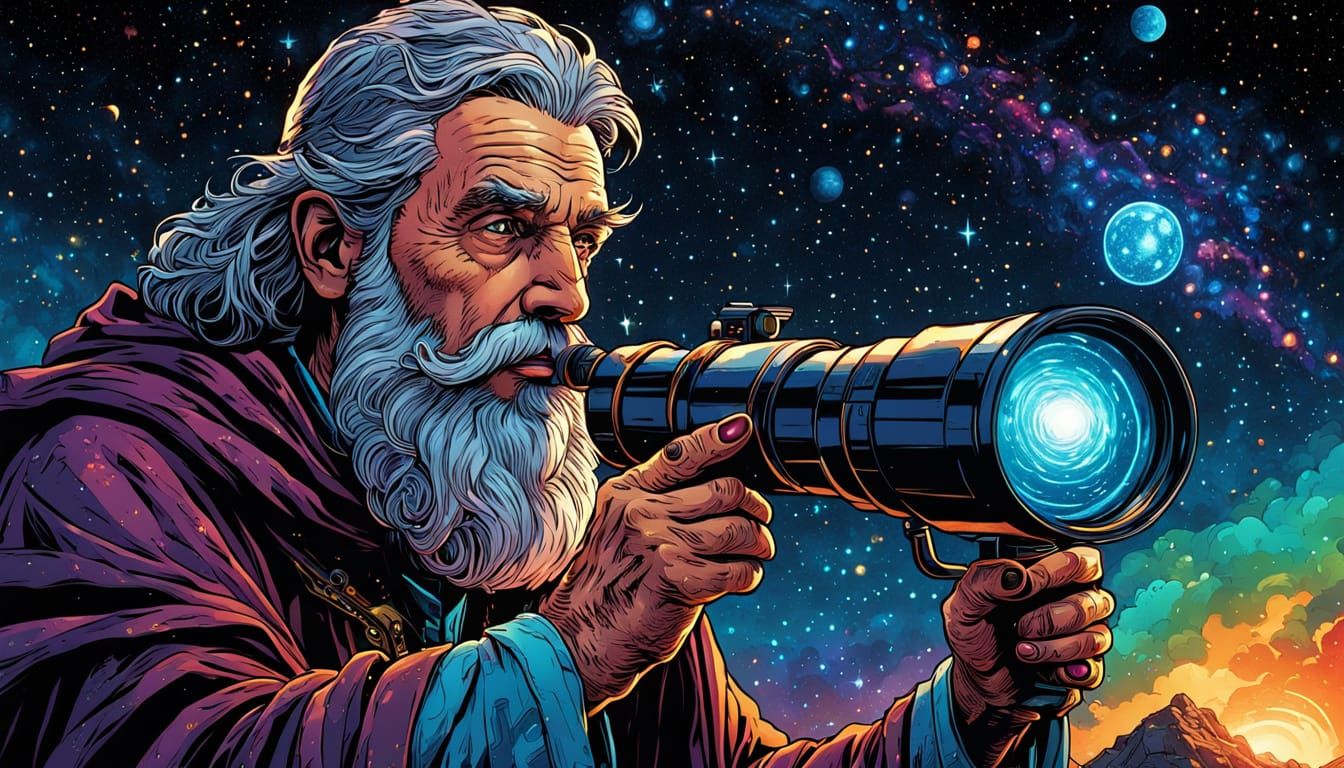 Wizard Gazing Through Telescope in Comic Book Art