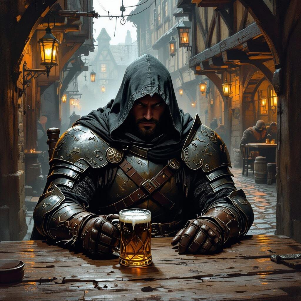 Knight in Dim Tavern, Gritty Realism Style