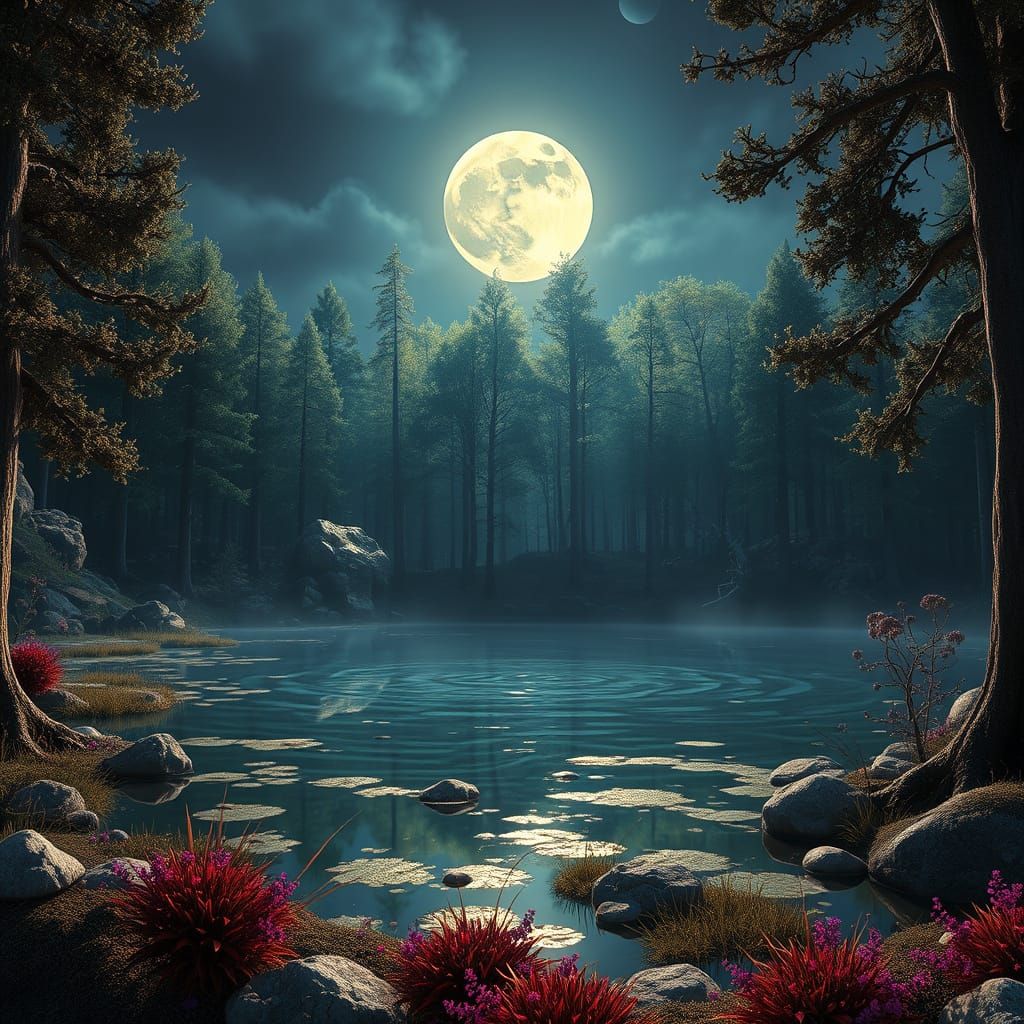 Moonlit Enchanted Forest and Pond: Fantasy Art