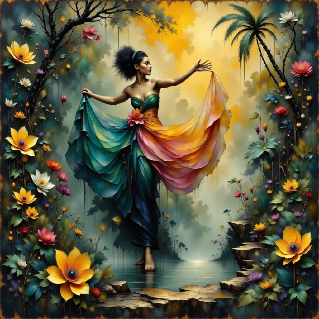 Woman Under Jungle Waterfall in Tropical Colors