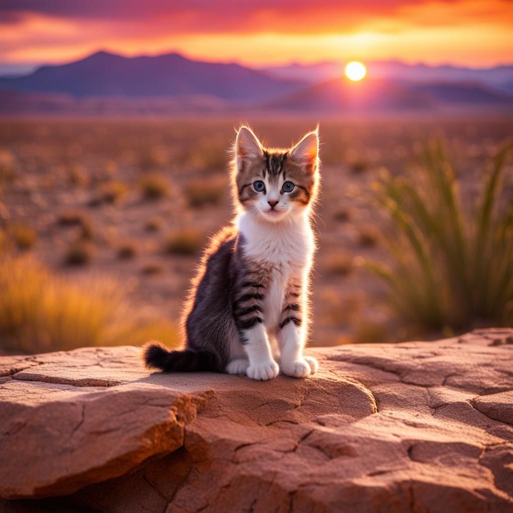 Kitten Gazes at Desert Sunset Landscape