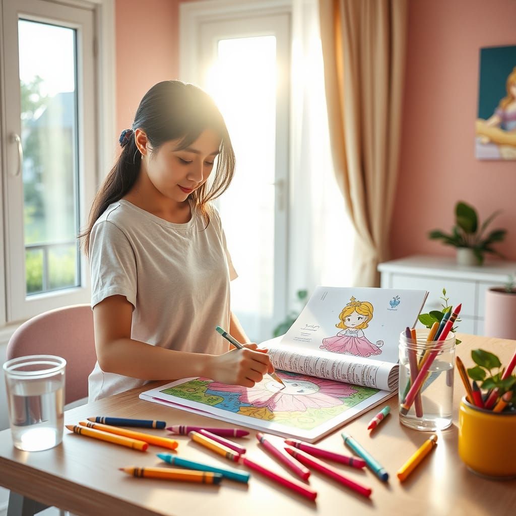 Asian Woman Coloring Princess in Pastel Bedroom