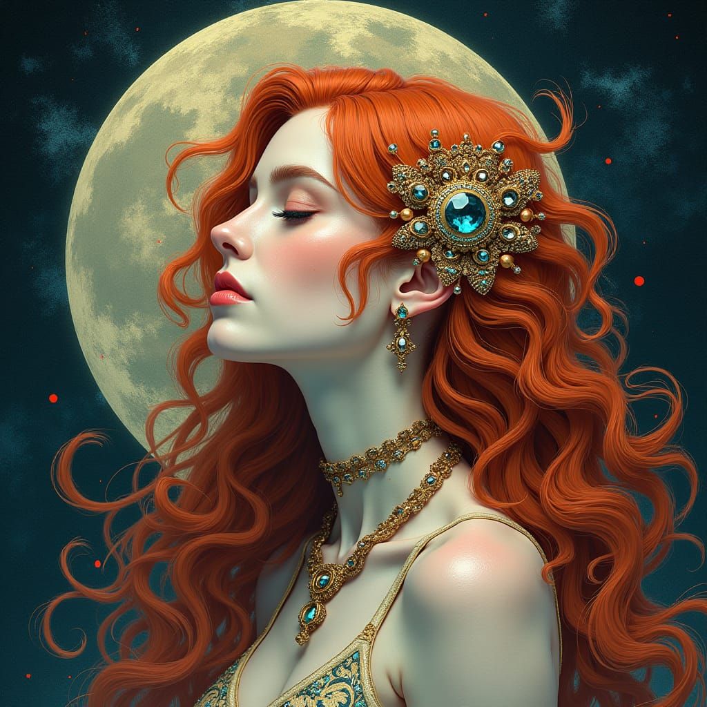 Auburn-Haired Moon Goddess in Art Nouveau Style