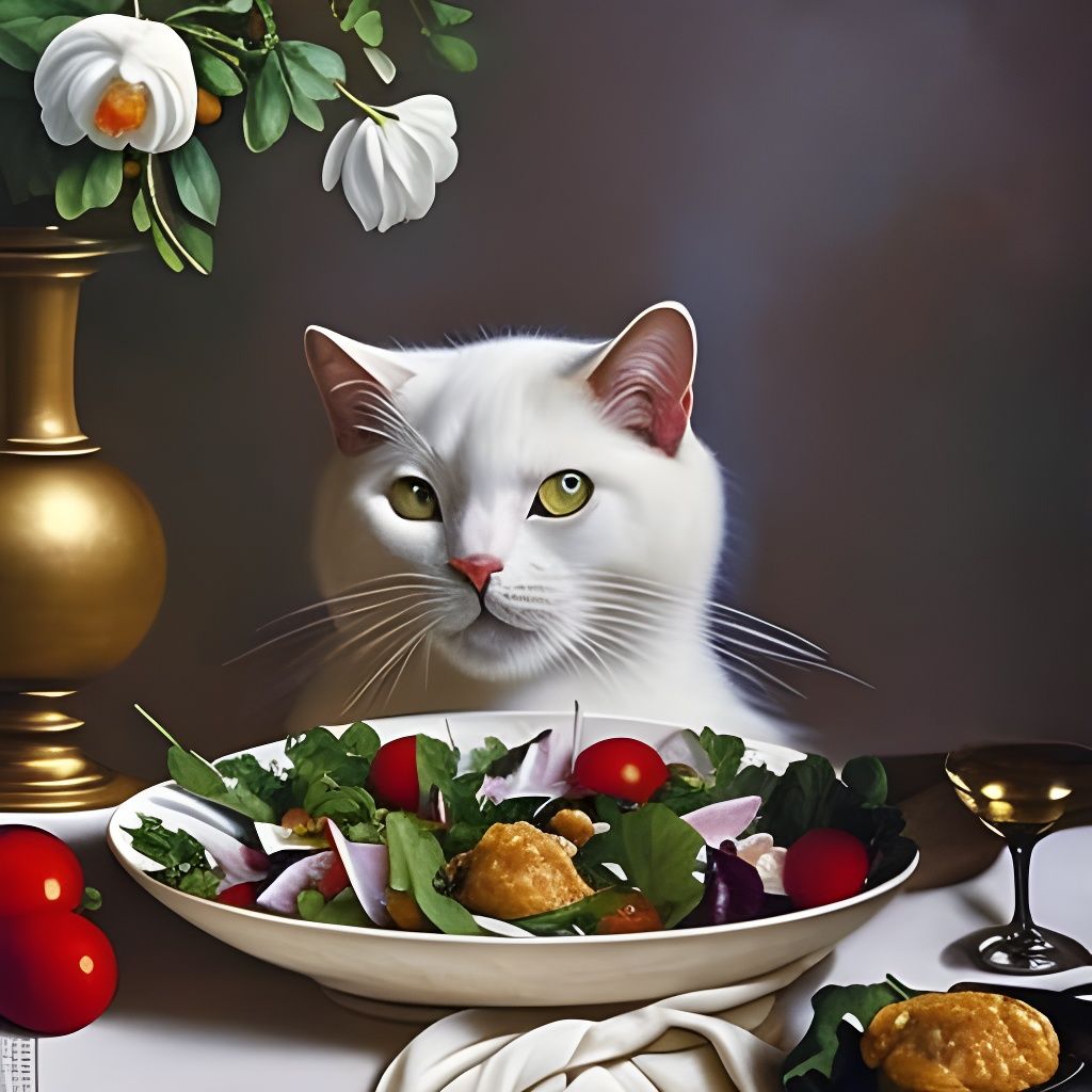 Renaissance Cat Eating Salad Meme in 8K