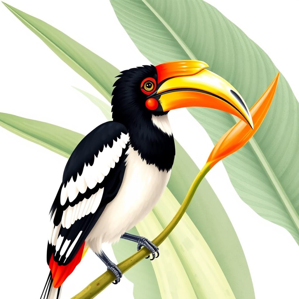 Hornbill with Tiger Lily in Watercolor Style