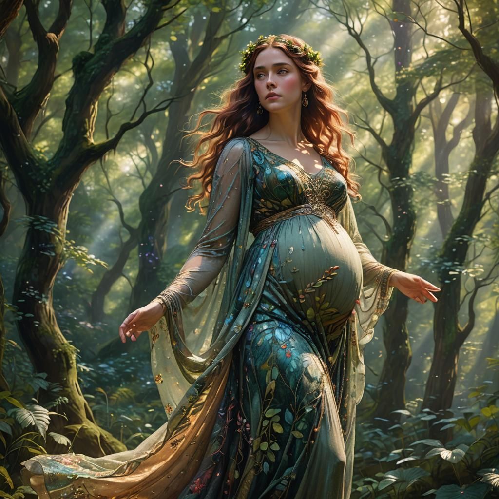 Pregnant Woman in Forest: Pre-Raphaelite Concept Art