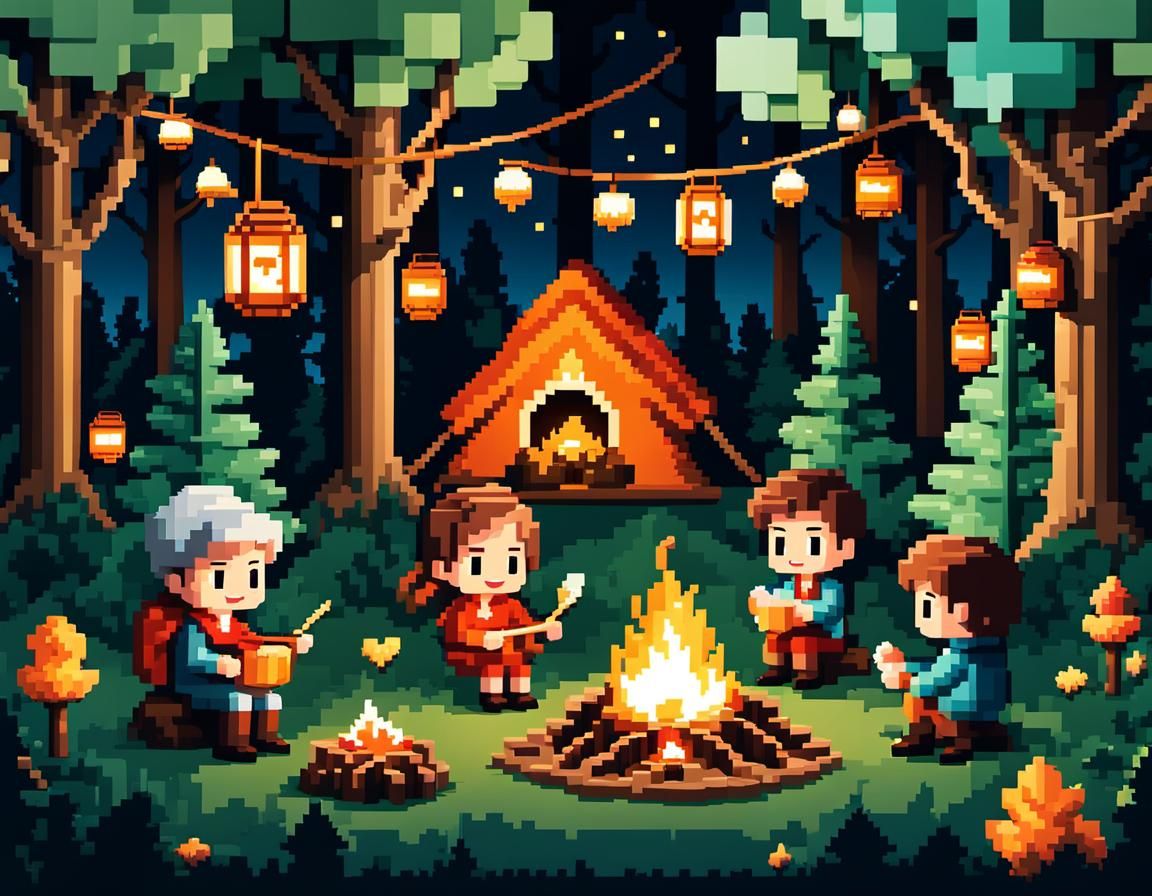 Chibi Characters Roasting Marshmallows in Pixel Art