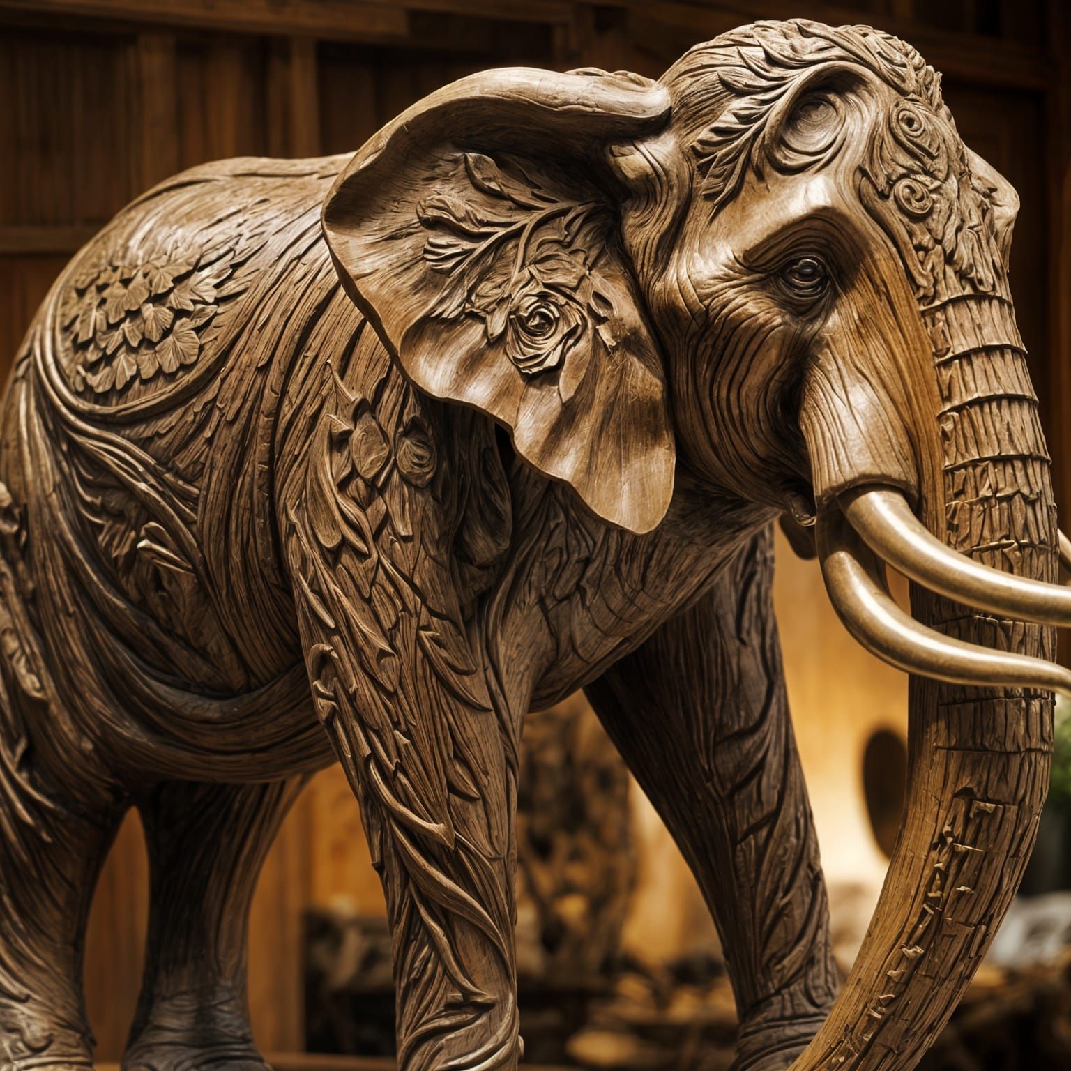 Oak Wood Carving of a Bull Elephant
