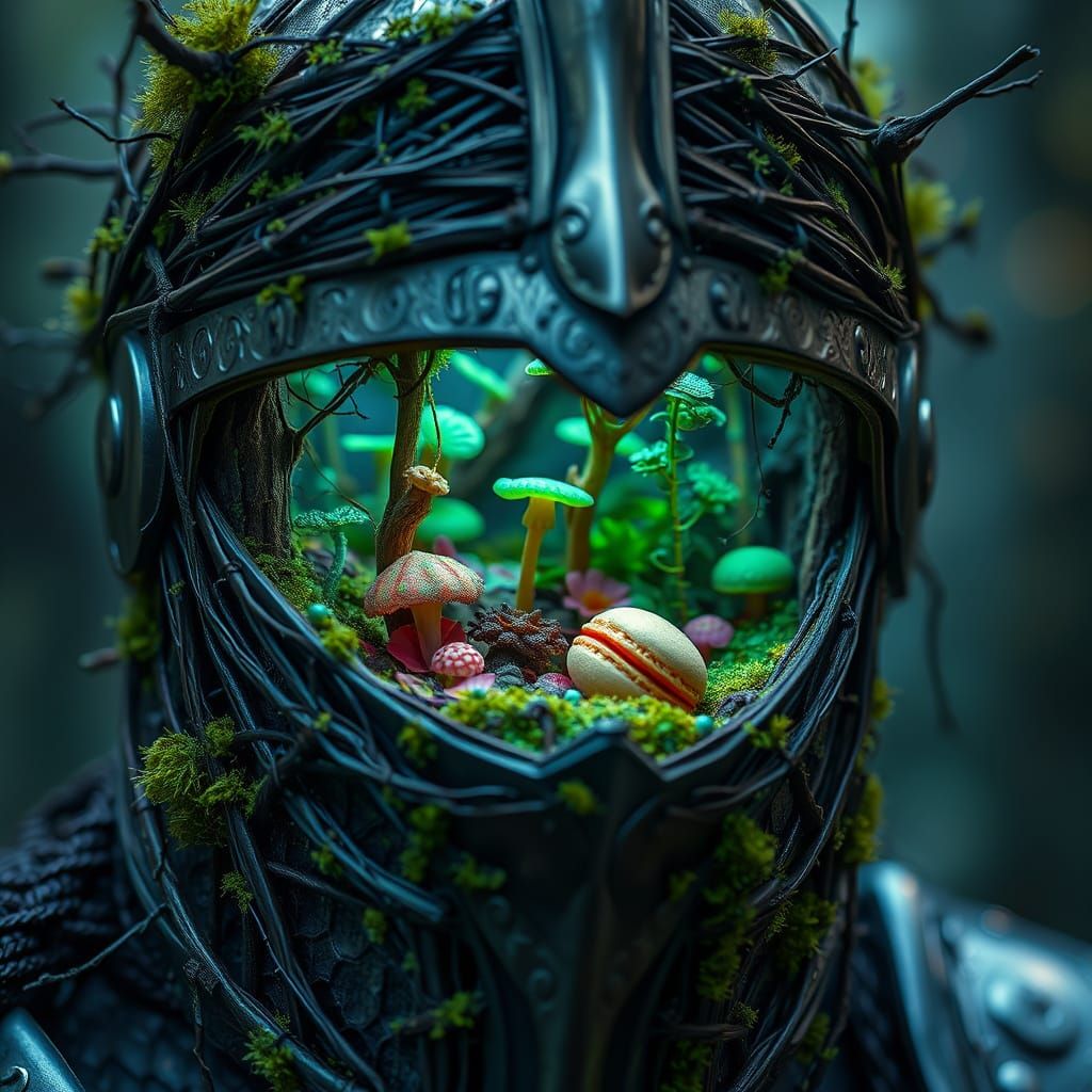 Surreal Knight Helmet of Branches and Moss with Ecosystem