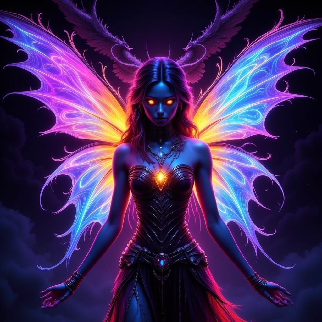 Ethereal Fairy Mother and Baby Dragon in Vibrant Neon Swirls