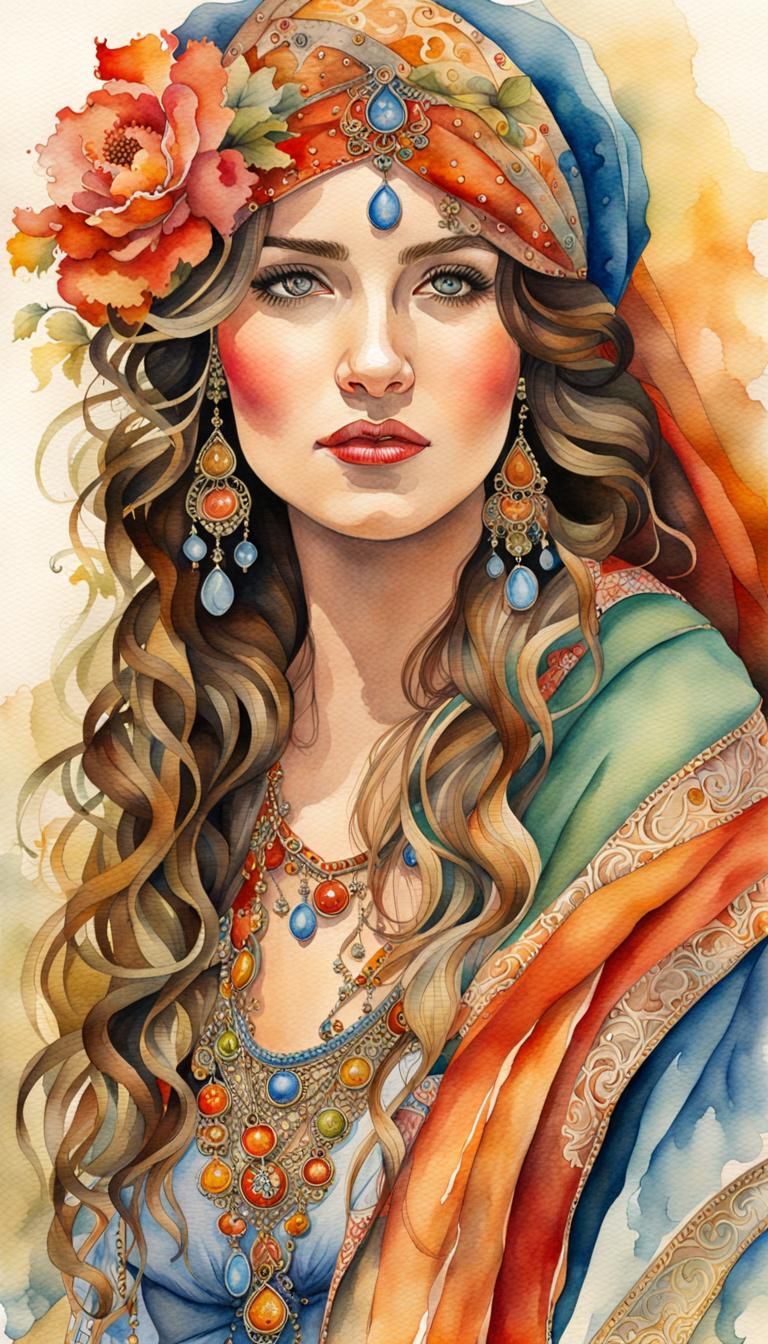 Watercolor Gypsy Portrait in Art Nouveau Style