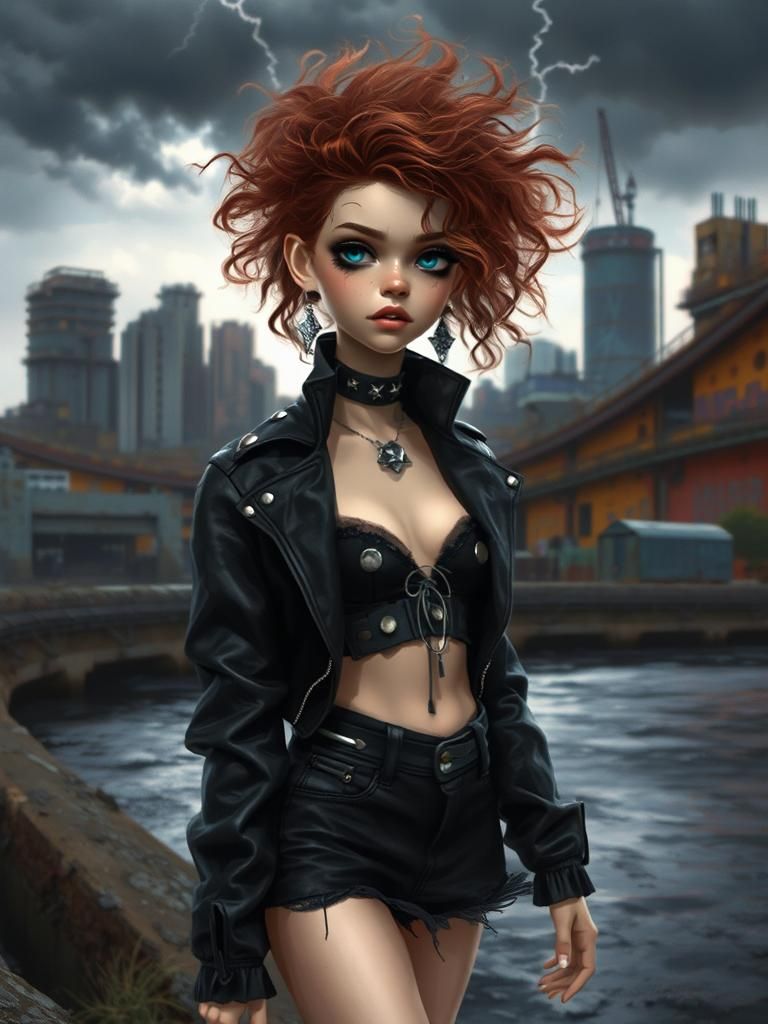 A striking, dystopian urban landscape with a young girl of European descent, dressed in ripped fishnets, black leather j...