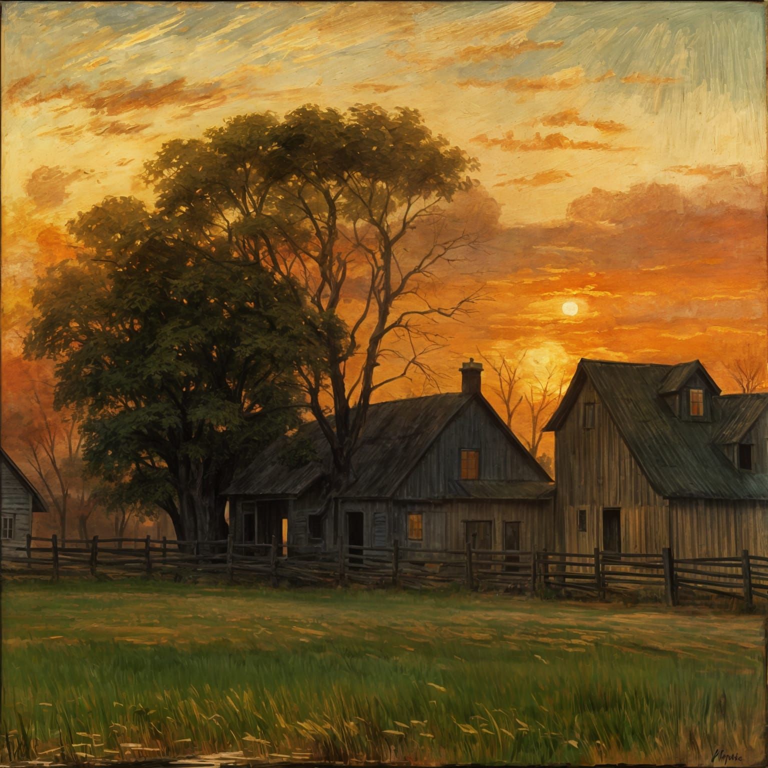 Sunset Farm in Tonalist Style: Hyperrealistic Painting