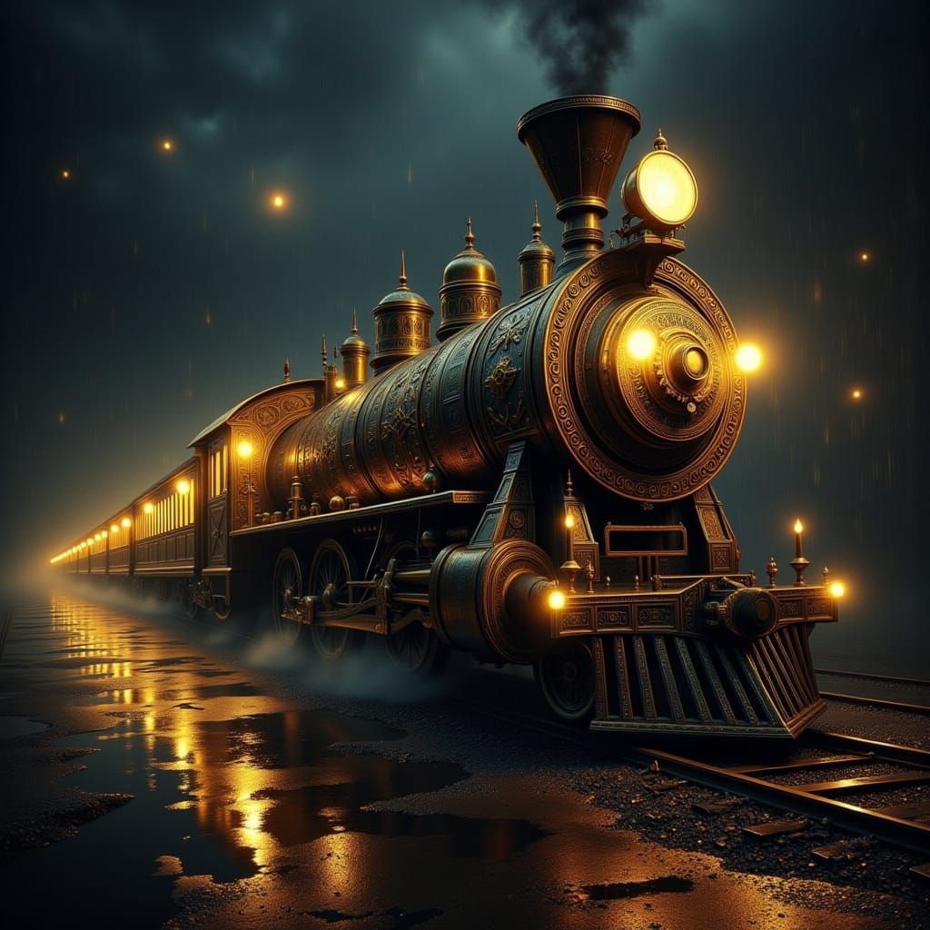 Vintage Circus Train in Rainy Night - Art Deco Style