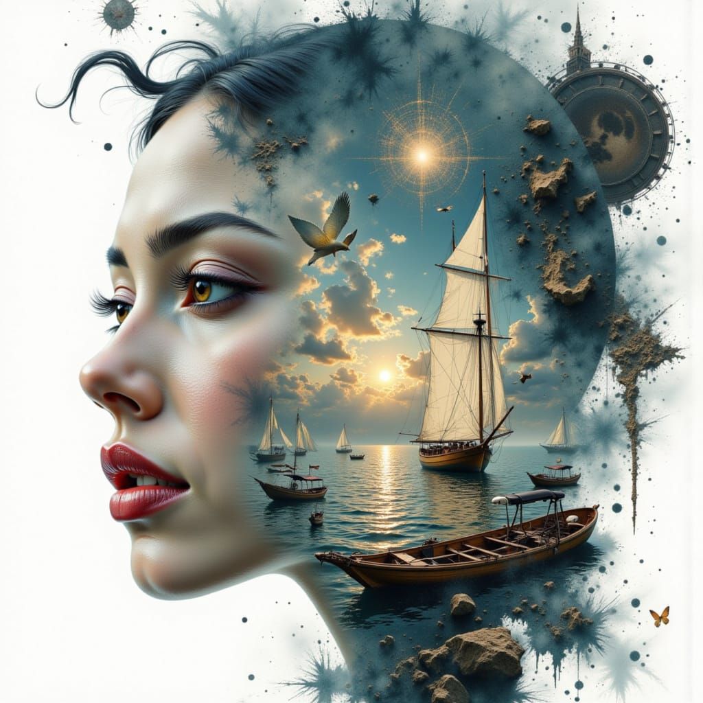 Double Exposure Portrait with Sailing Ship in Watercolor