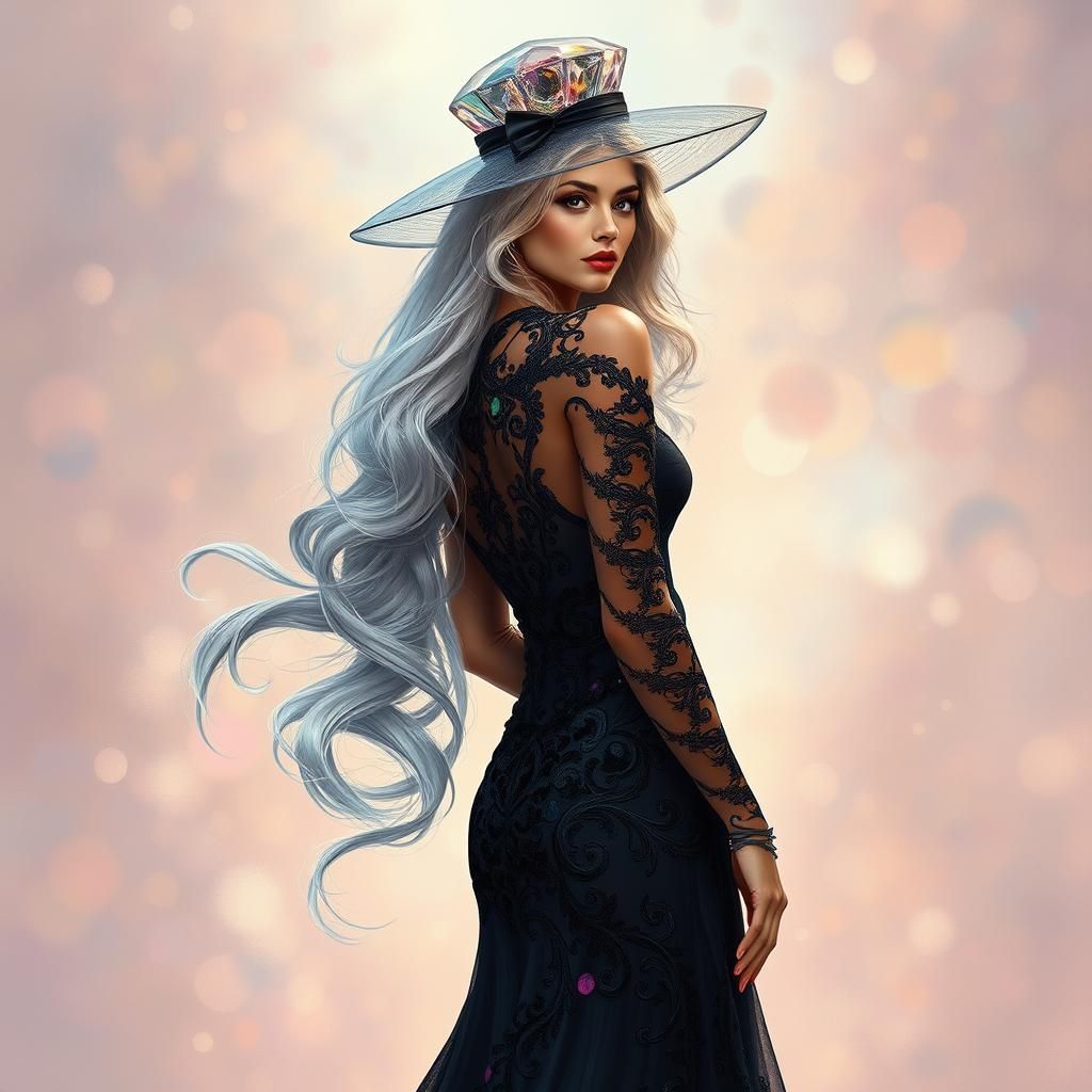 Elegant Woman in Black Gown: Neo-Impressionist Style