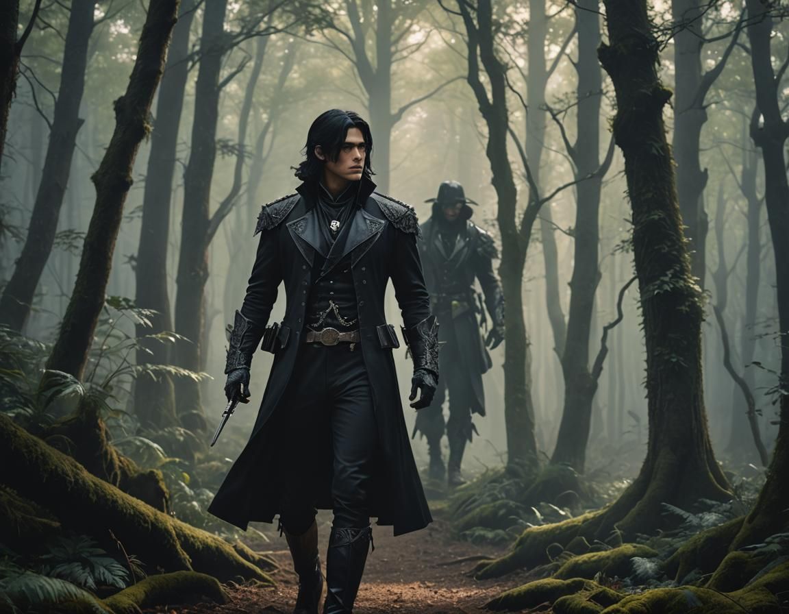 Victorian Hunter in Misty Forest, Dark Fantasy Style