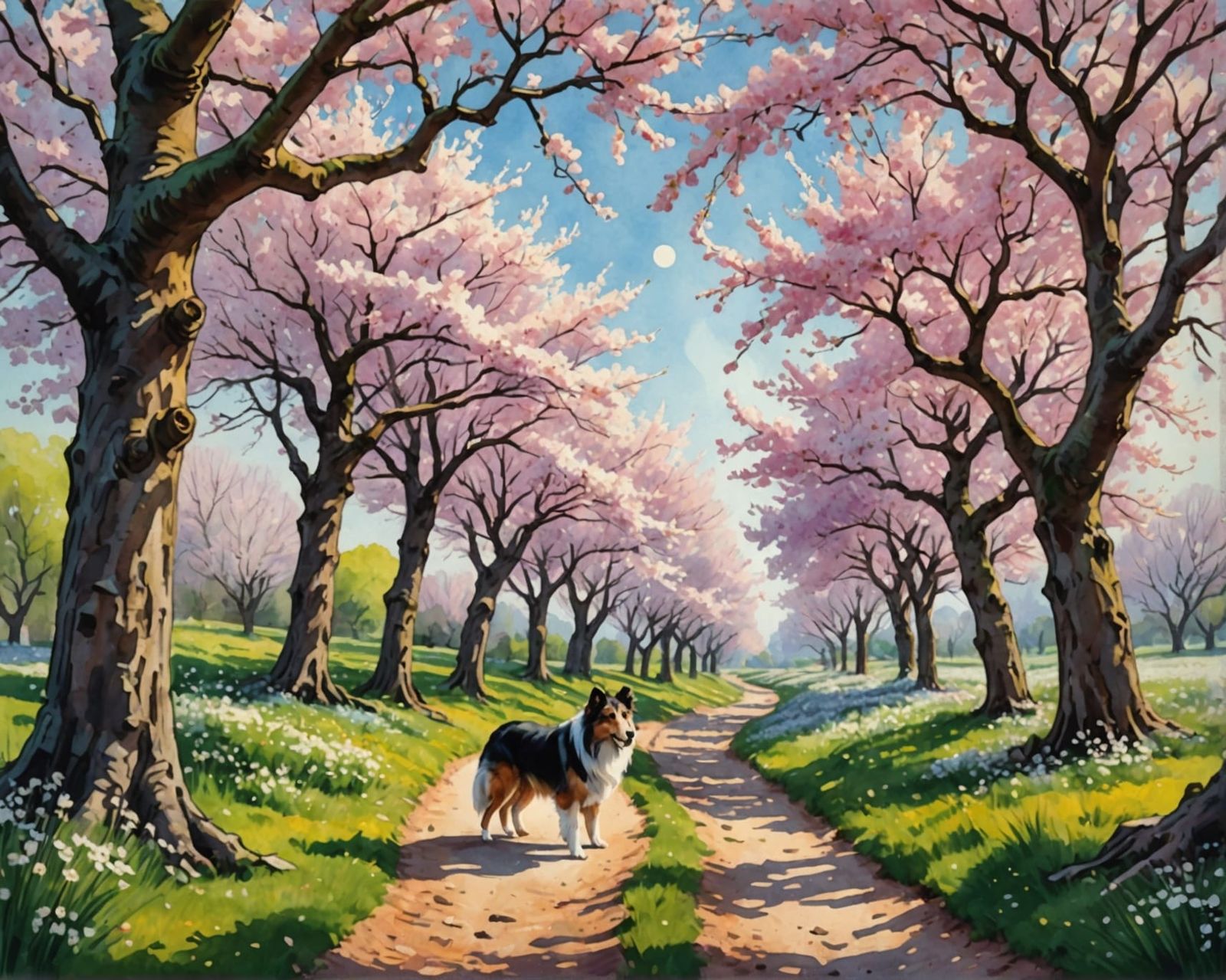Collie Dog in Alien Cherry Orchard, Watercolor Style