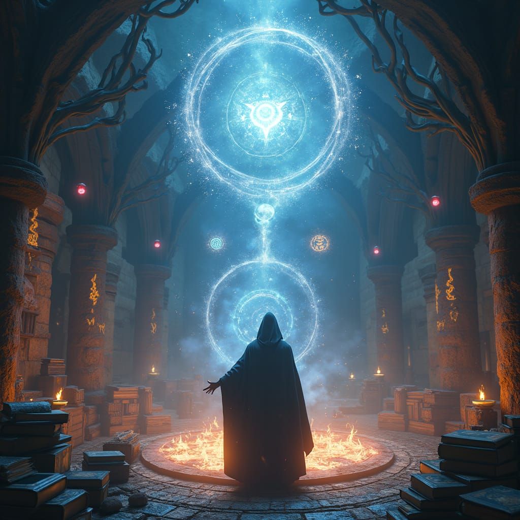 Surreal Fantasy Realm with Glowing Mystical Symbols and Anci...