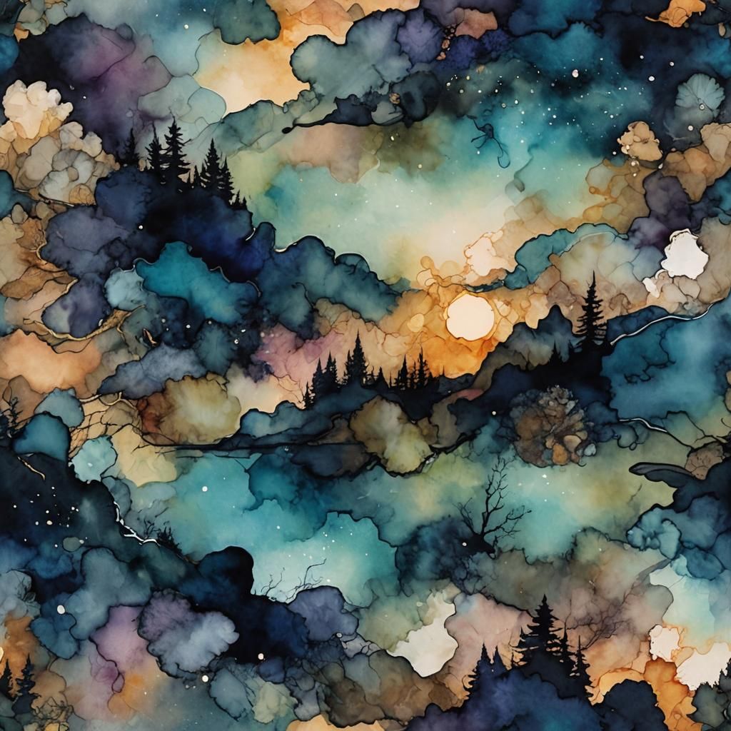 Abstract Alcohol Ink Landscape in Midnight Sky