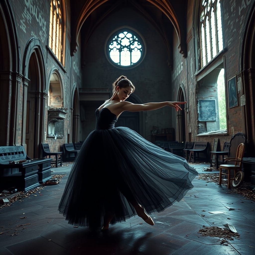 Gothic Ballerina Haunts Abandoned Church in Splashing Colors