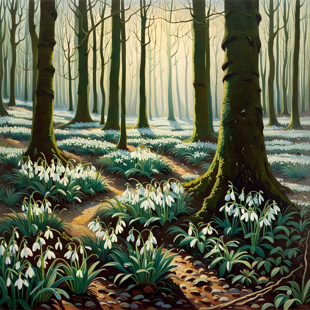 Snowdrops in Spring Forest, Realistic Painting