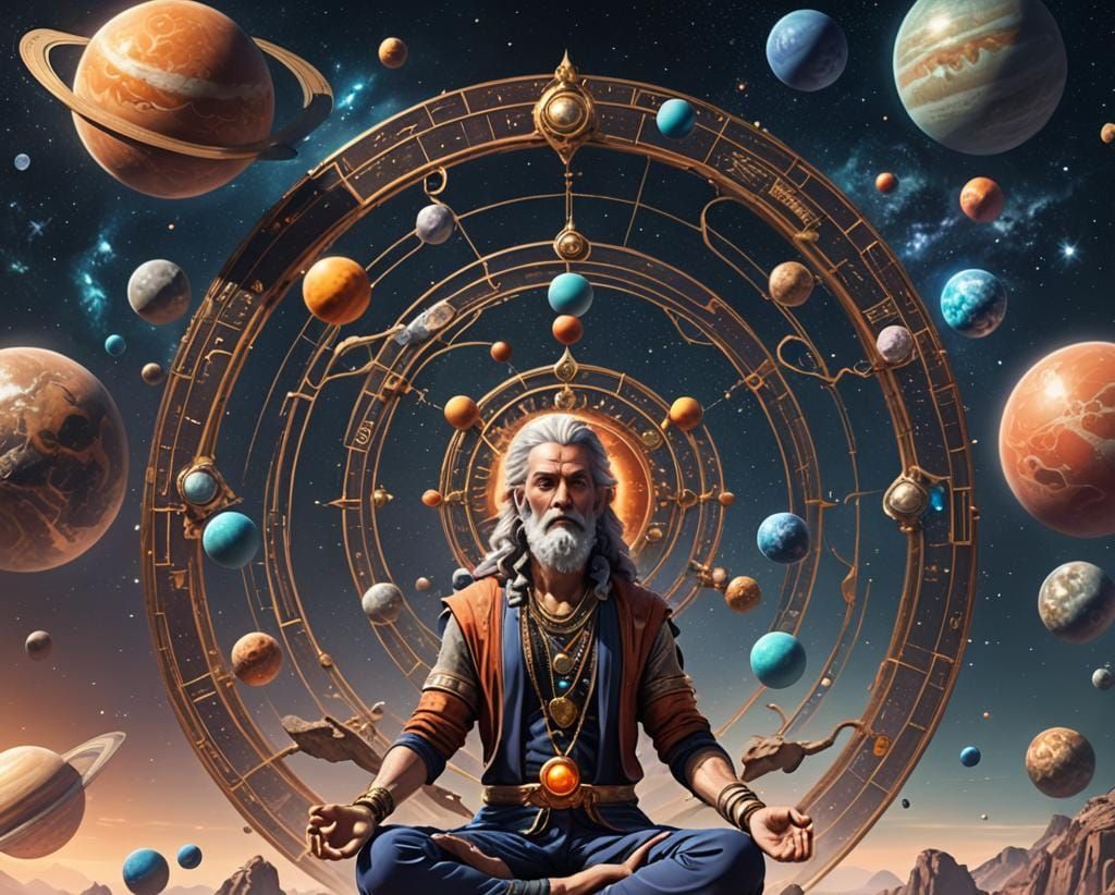Astrologer in Yoga Pose with Planets: Fantasy Art