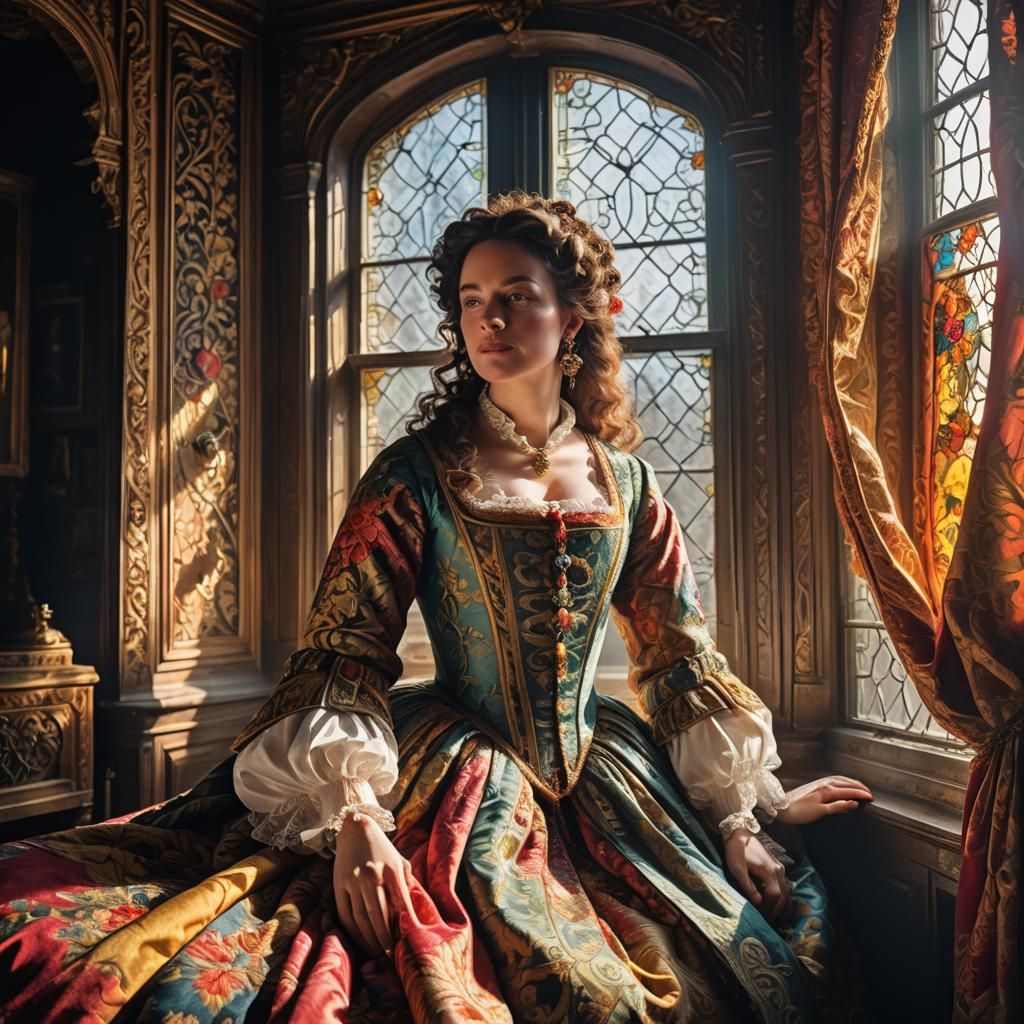 17th Century Woman in Ornate Chamber Bathed in Sunlight