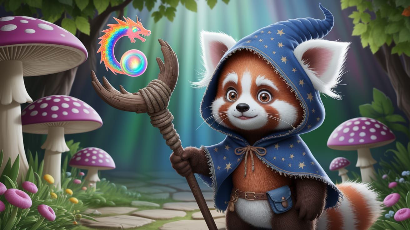 Red Panda Wizard Casts Rainbow Dragon Spell in Enchanted For...