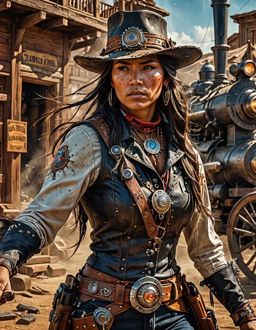 Native American Gunslinger with Steampunk Engine, Hyperreali...