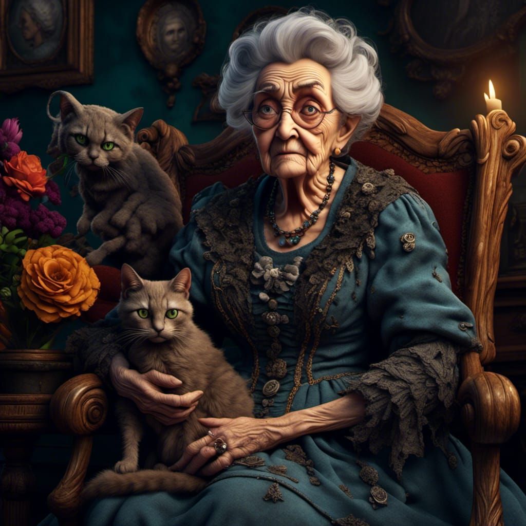 Victorian Grandma with Cat in Gothic Setting