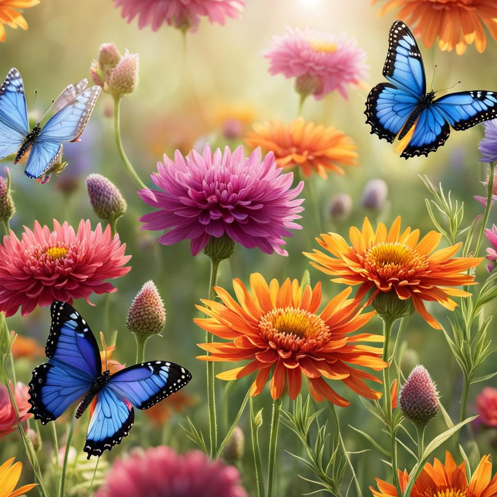 Wildflower Meadow with Butterflies at Sunrise