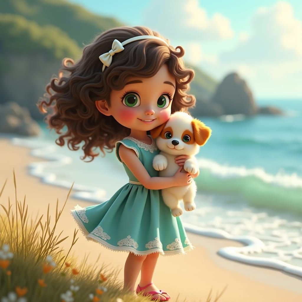 Girl Holding Puppy in Pixar-Style 3D Landscape