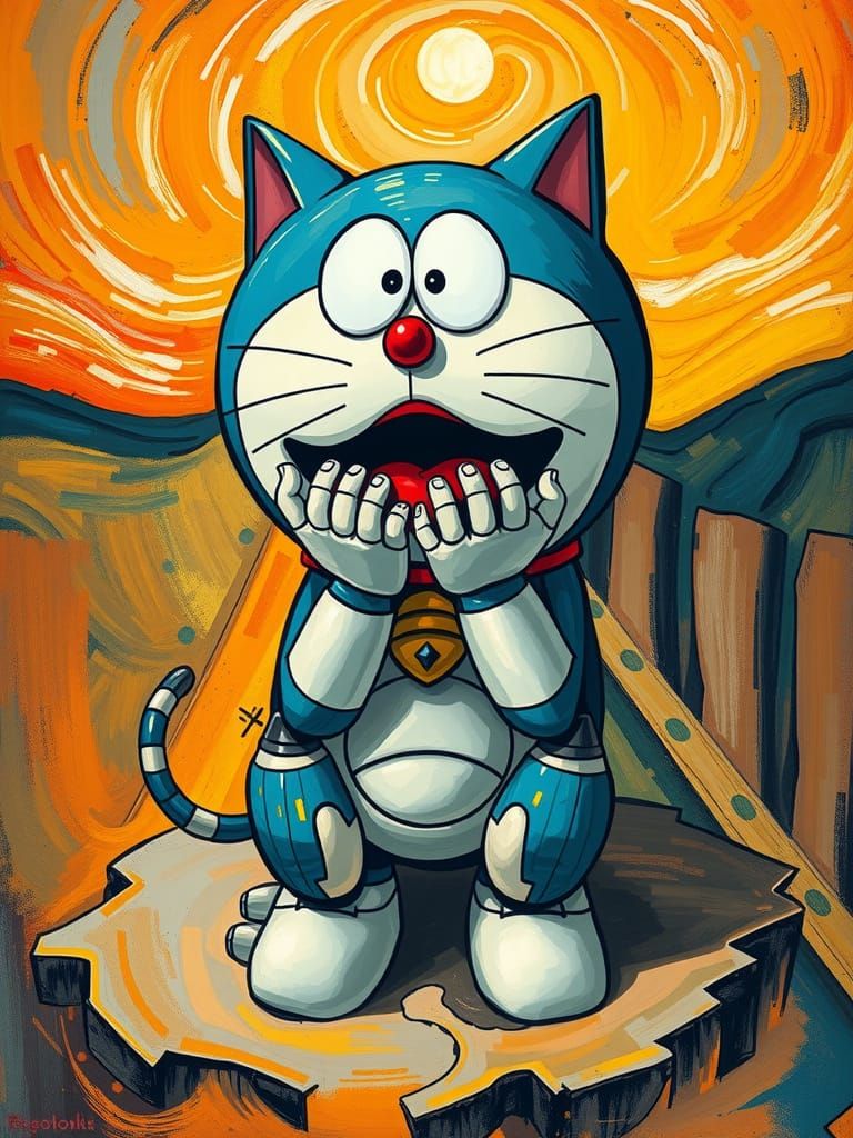 Robotic Cat Overwhelmed in a Futuristic Scream
