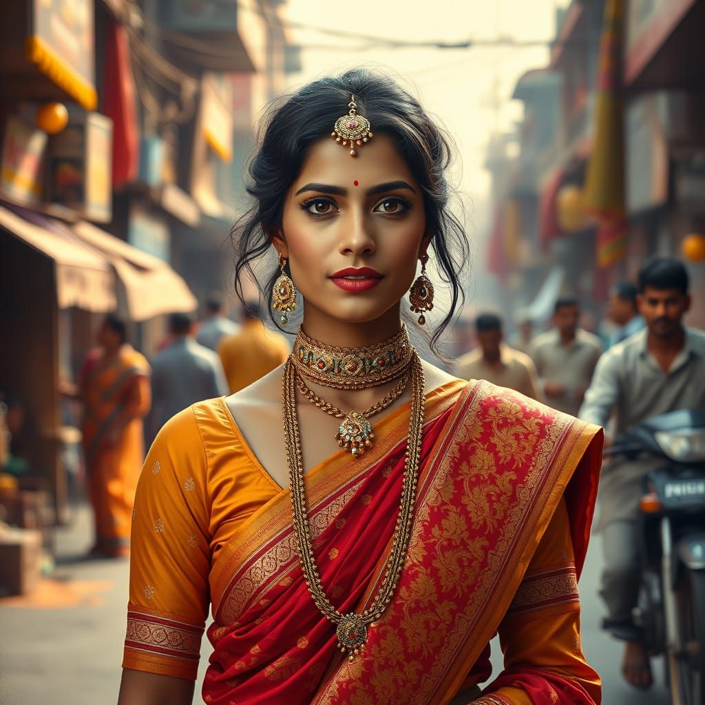 Elegant Indian Woman in Vibrant Street Scene
