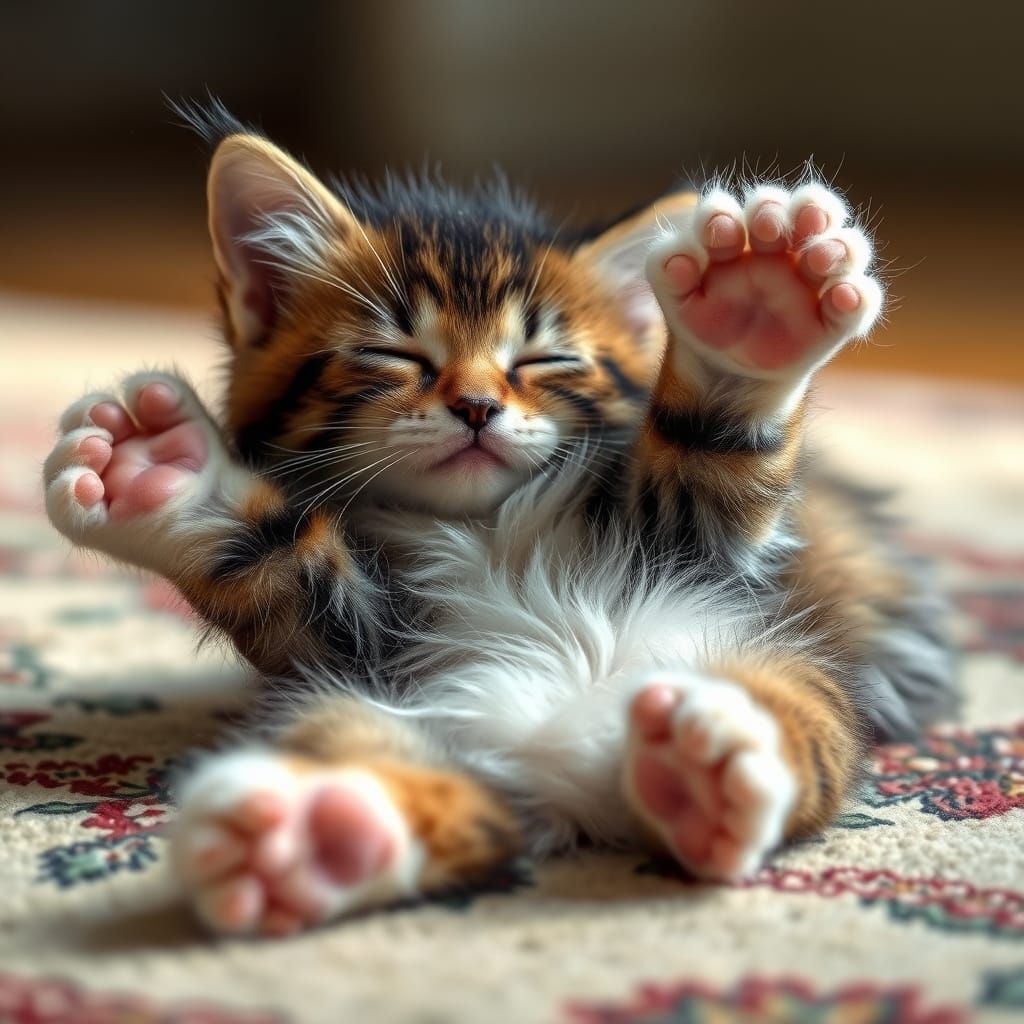 Hyperrealistic Kitten Sleeping Peacefully on Rug