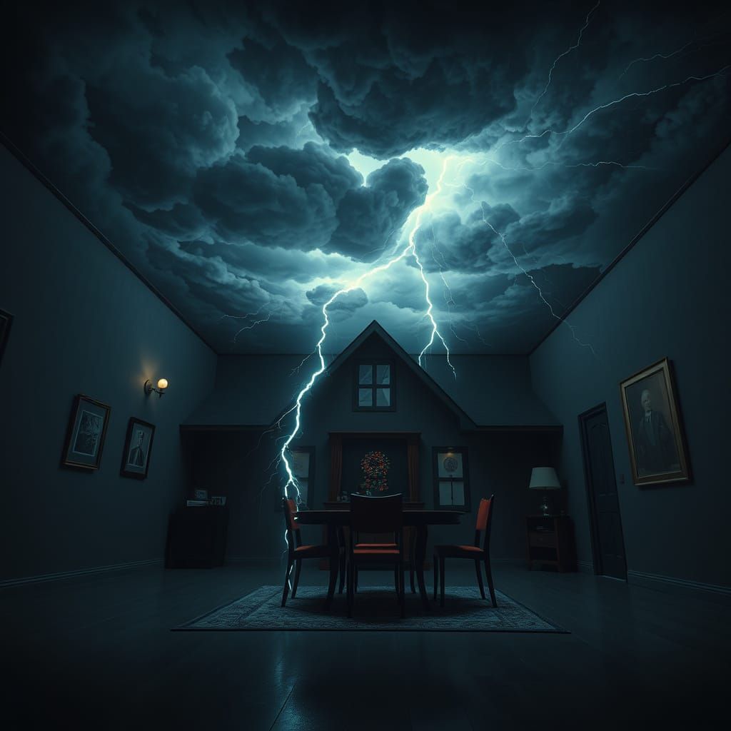 Ominous House with Internal Storm in Surreal Cyberpunk Style