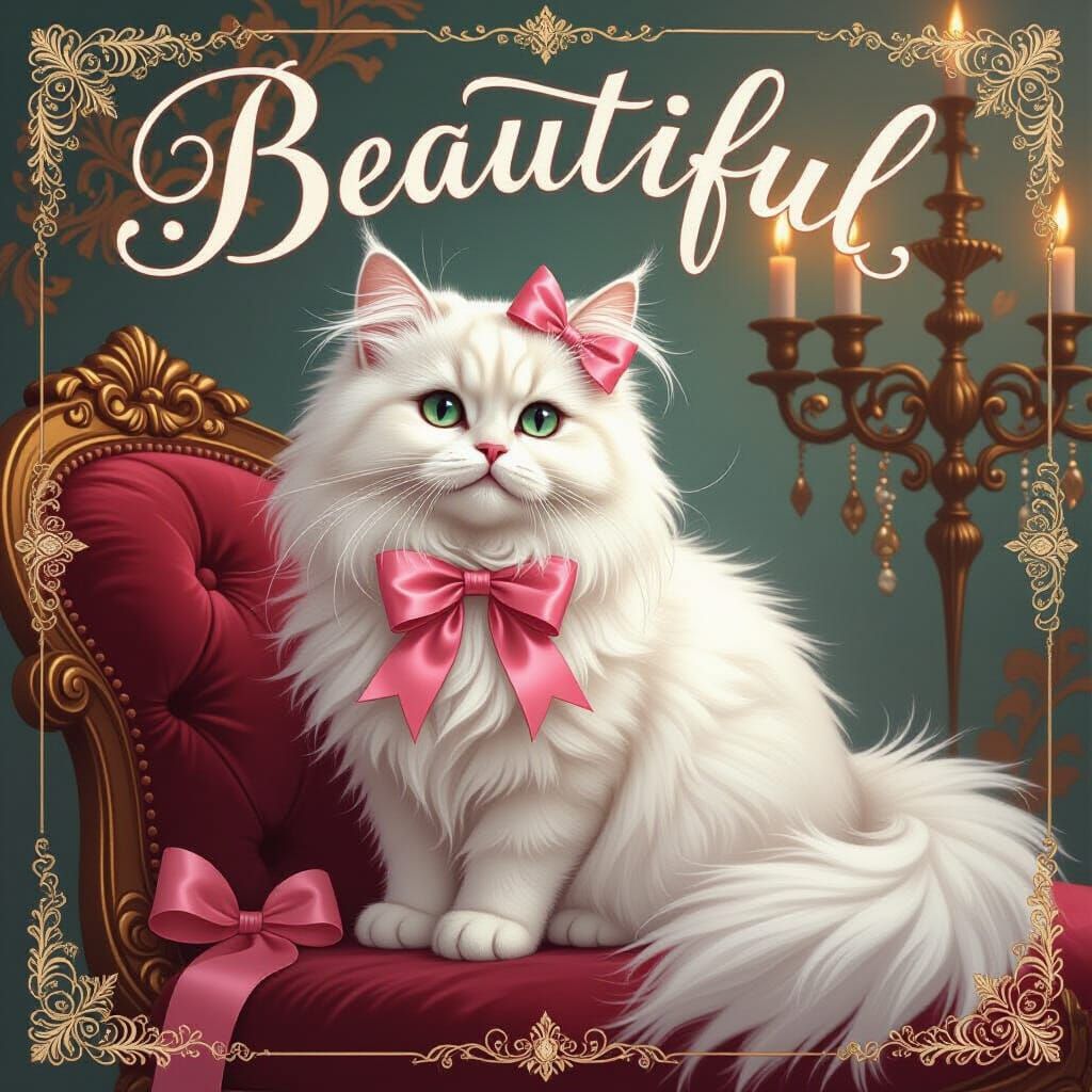 Elegant Cat with Bows in Art Nouveau Style