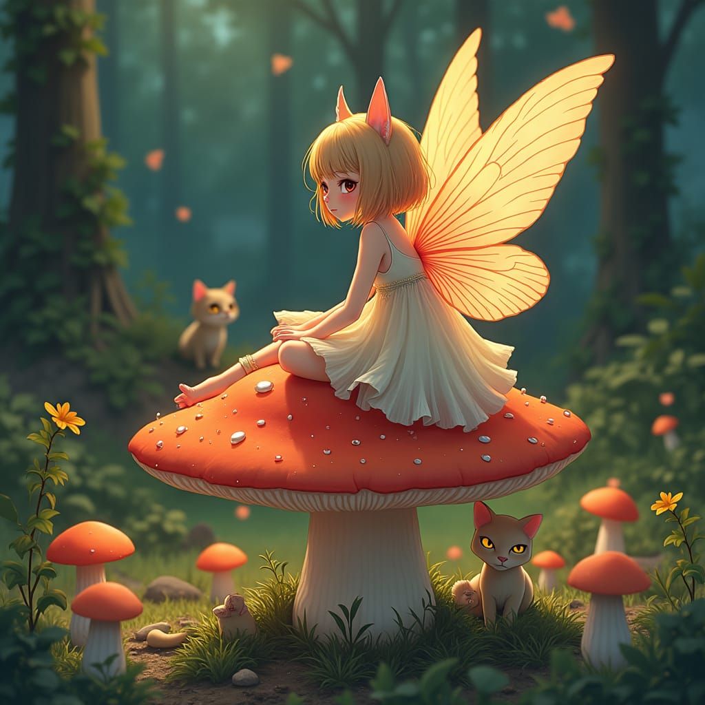 Pastel Fairy on Mushroom in Anime Manga Style
