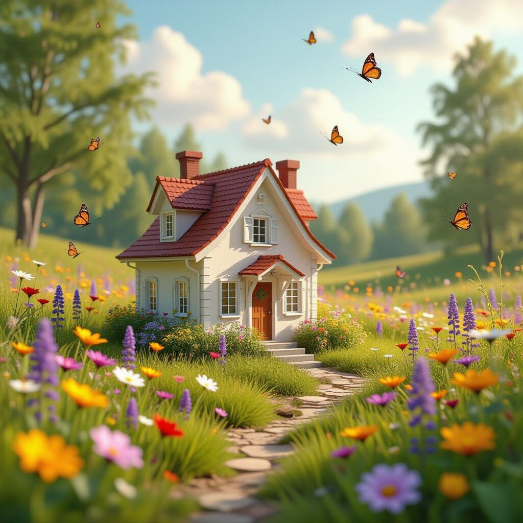 Tiny Palace in Vibrant Wildflower Meadow, Hyperrealistic Mat...