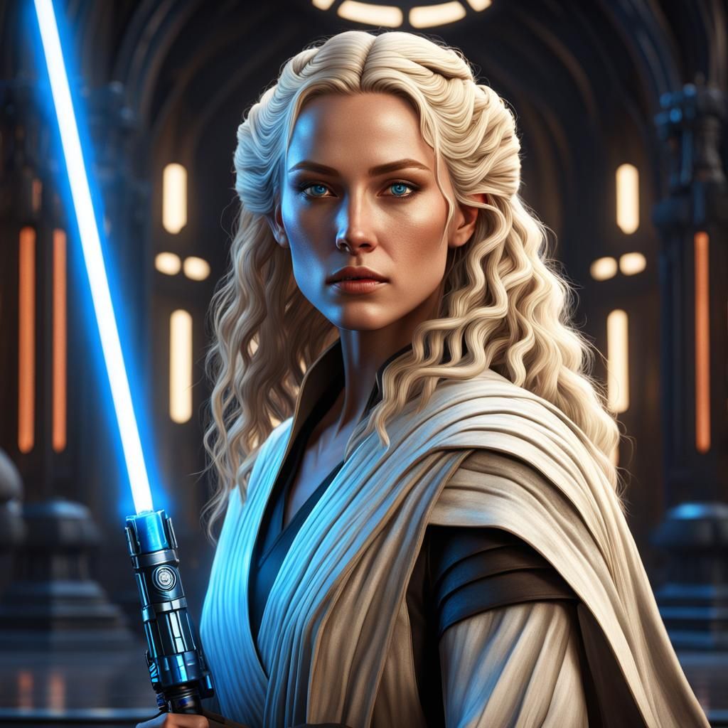 Female Jedi Knight with Blue Lightsaber